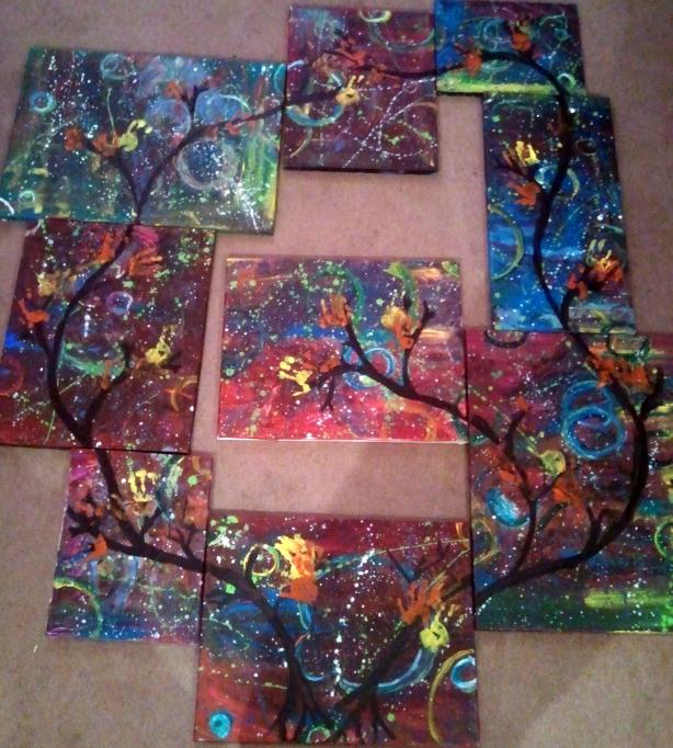 [SOLD] Leaving Handprints + 2011 + Canvas + Acrylic + (9 piece) 7 x 9 up to 18 x 24