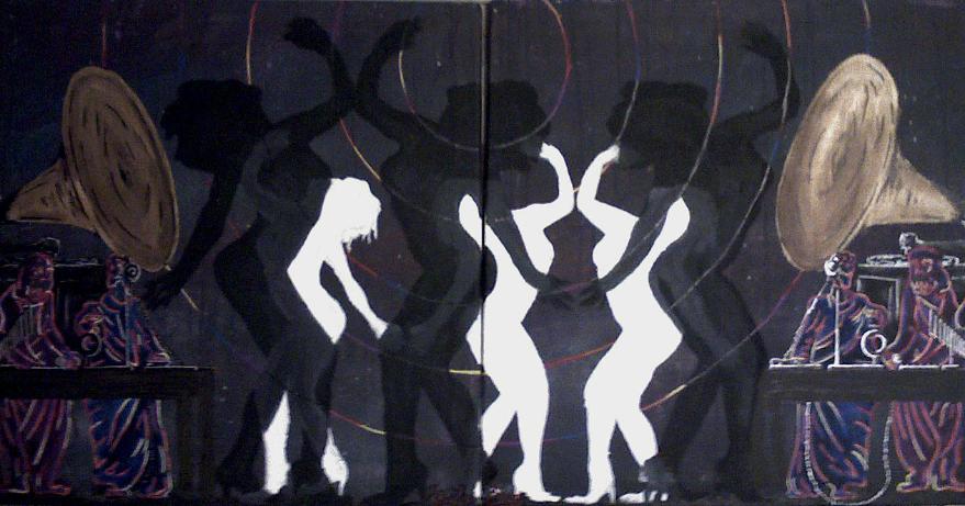 [SOLD] Plato And Aristotle DJ For The Universe + 2008 + Canvas Diptych + Acrylic + 24 x 24 Each
